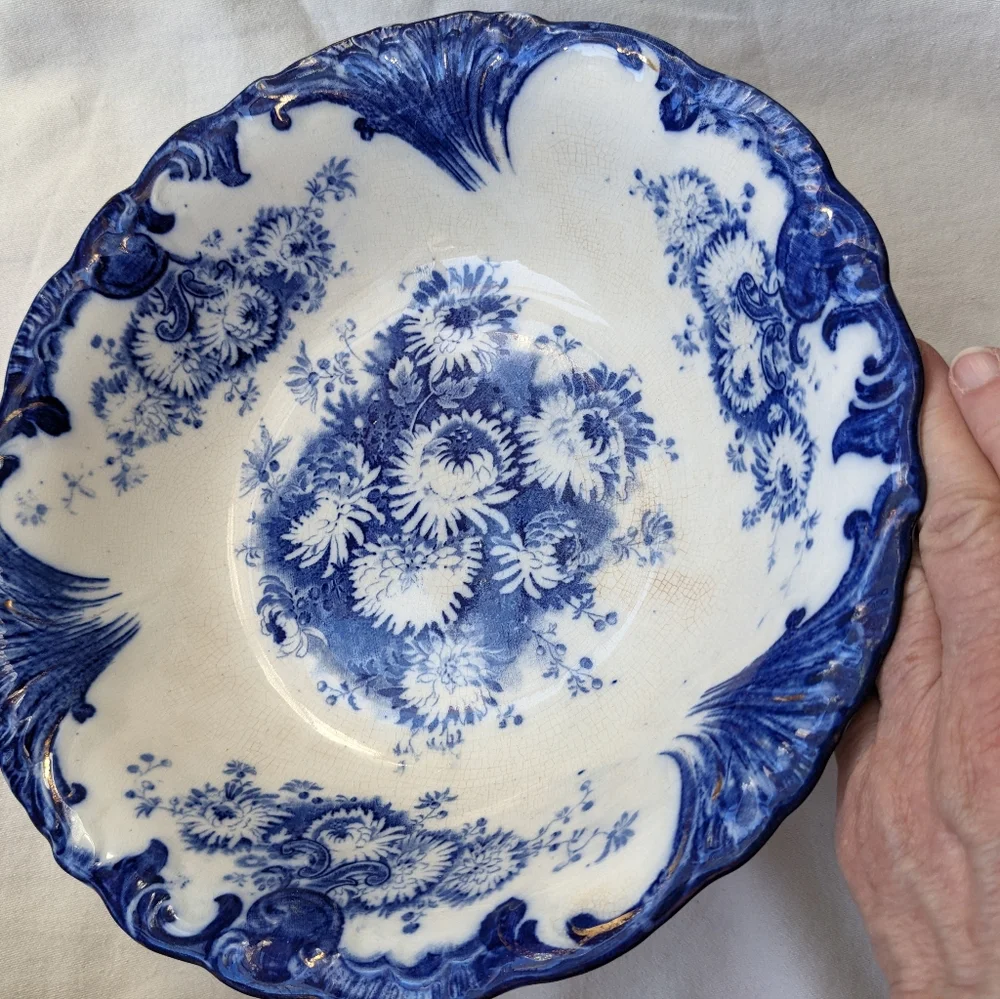 Antique Upper Hanley England Dahlia Flow Blue Floral Round Vegetable Bowl